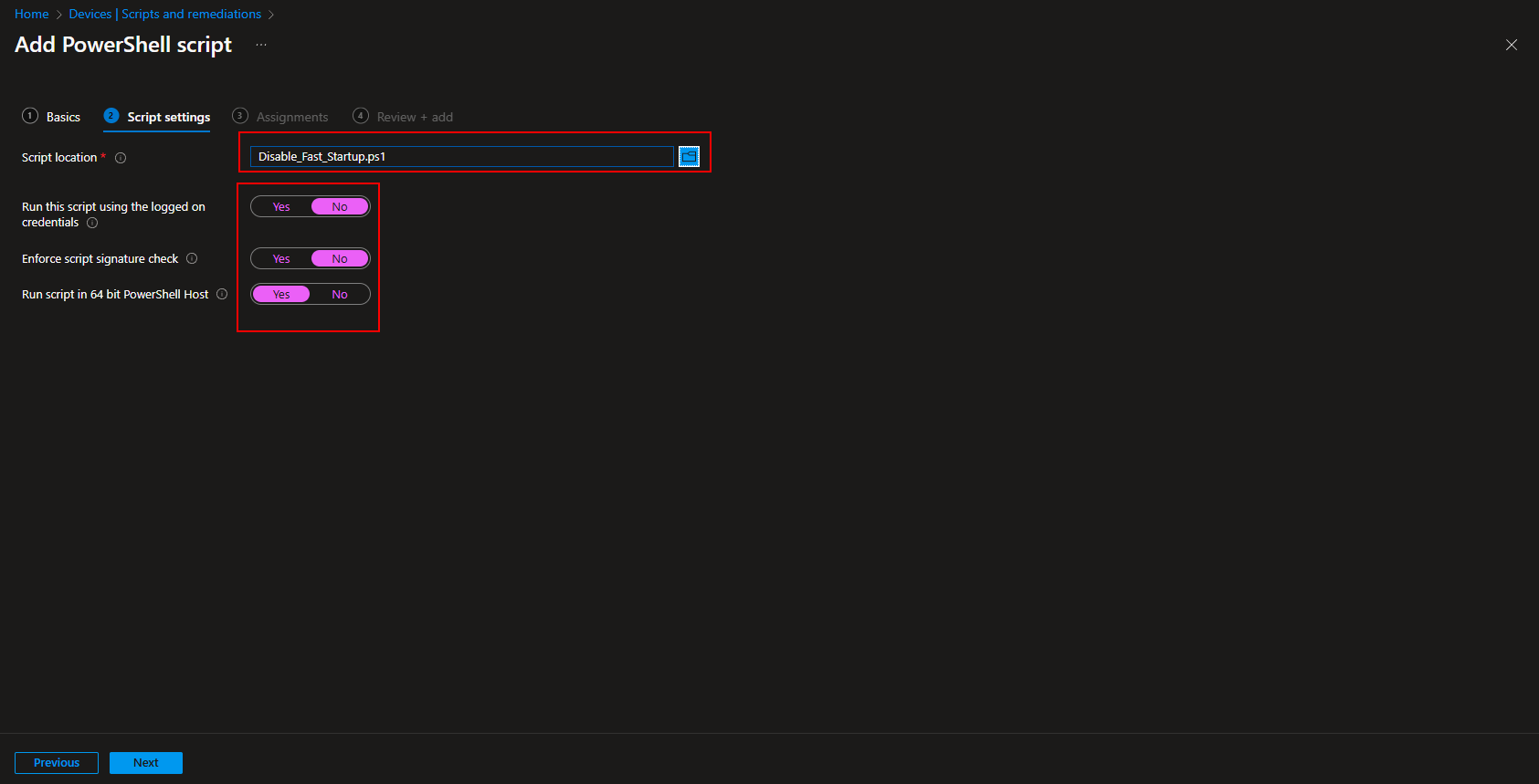 Configuring PowerShell script settings in Intune